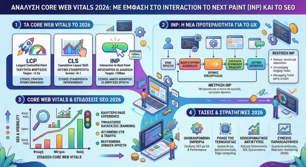 Γράφημα ανάλυσης των Core Web Vitals του 2026, με έμφαση στο Interaction to Next Paint (INP) και την απόδοση στο SEO.