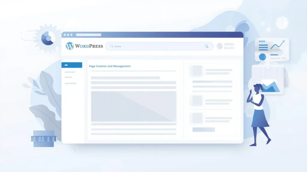 A digital illustration in a clean, modern graphic design style, depicting the WordPress dashboard interface.