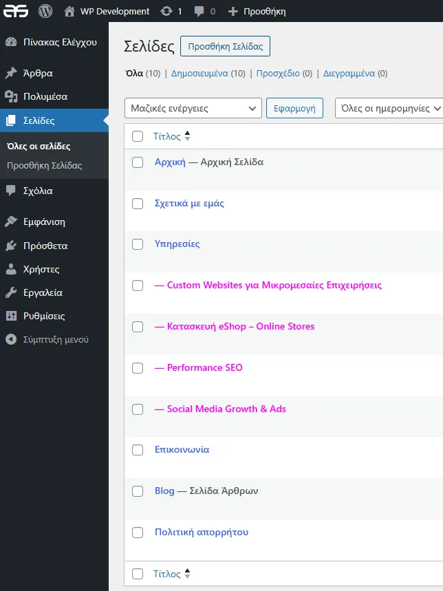 WordPress Διαχείριση Σελίδων Admin Panel Artificial System Web Services