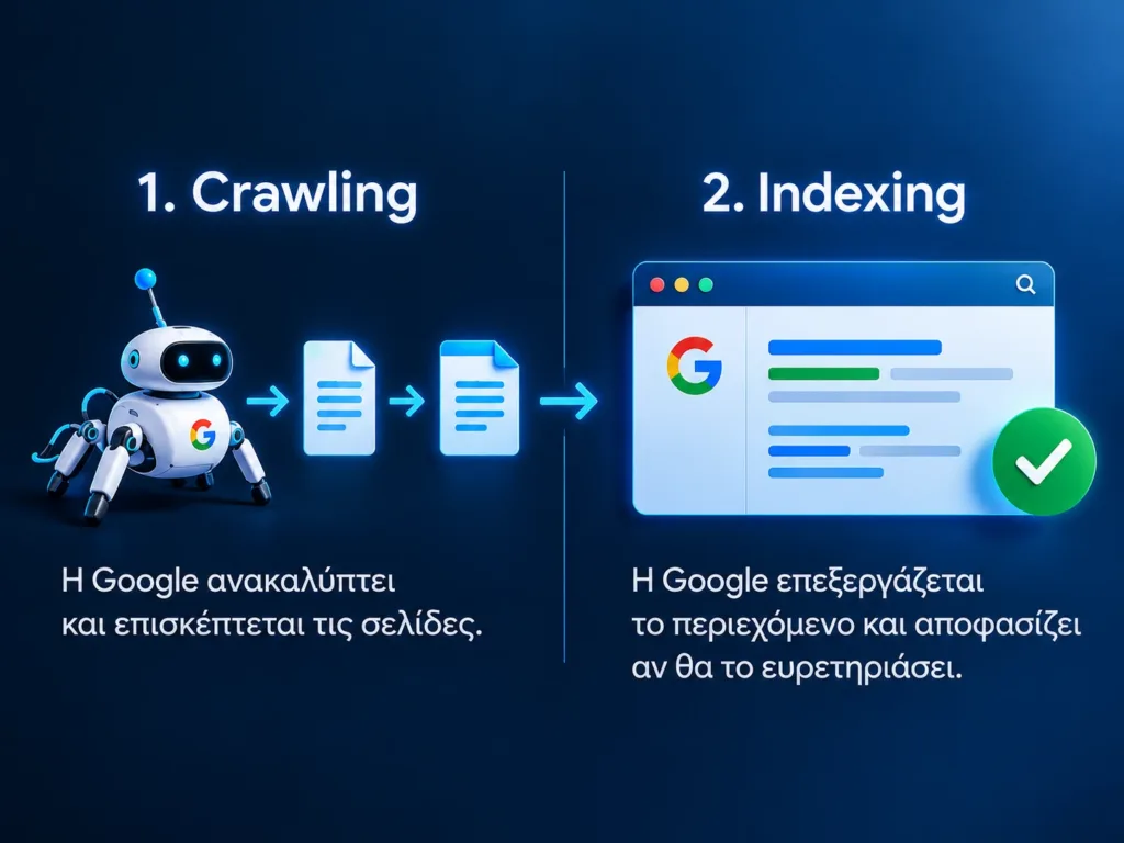 Γραφική απεικόνιση της διαδικασίας crawling και indexing, από την ανακάλυψη μιας σελίδας έως την ευρετηρίασή της.