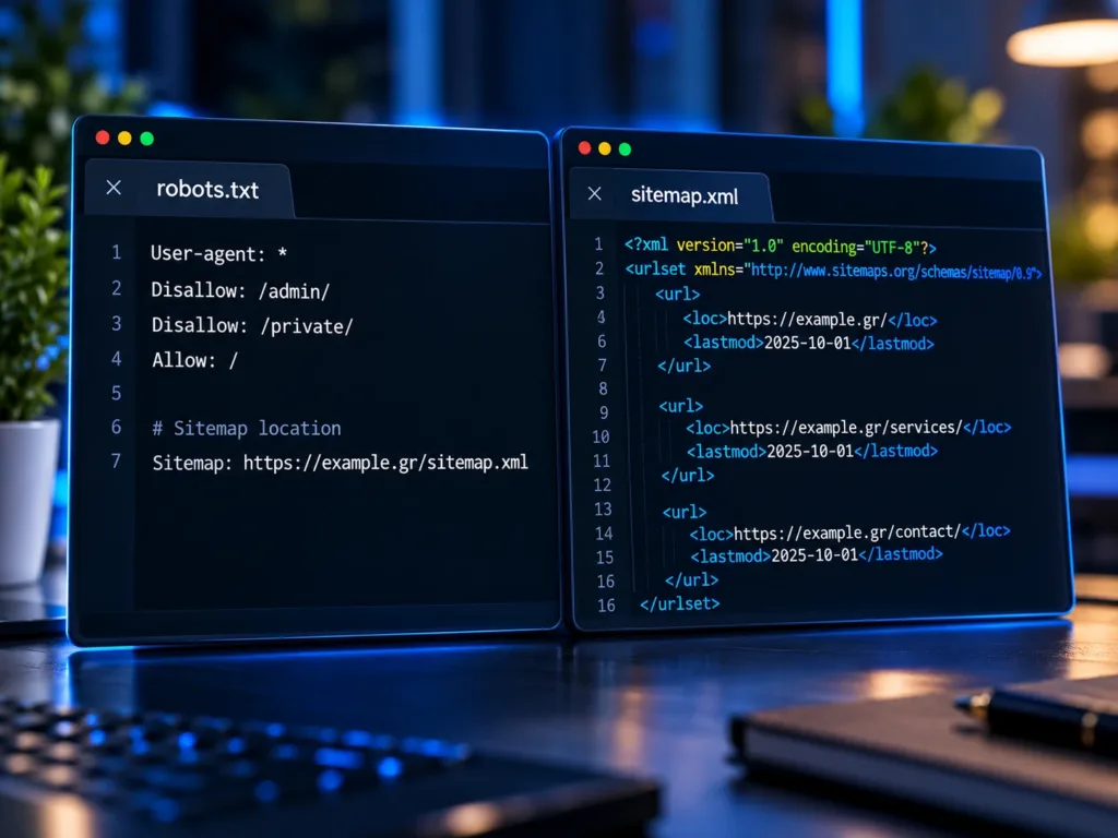 robots.txt and XML Sitemap in Technical SEO Code view of robots.txt and sitemap.xml files used to guide crawling and website discovery.